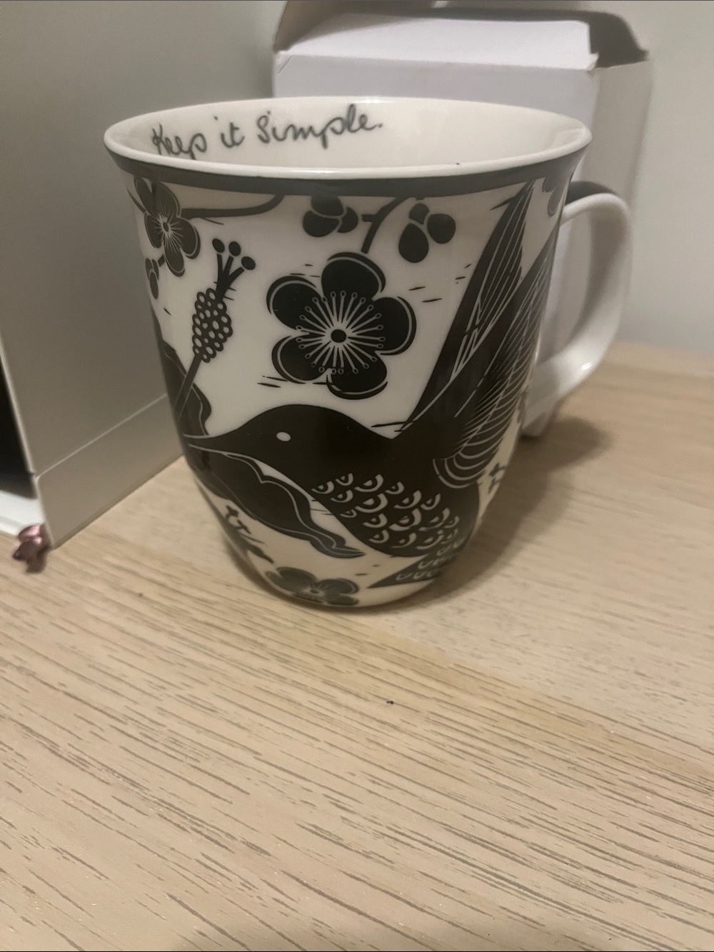 Karma-“Keep It Simple” Hummingbird Black and White Ceramic Mug